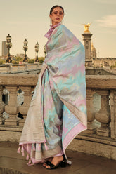 Handloom weaving designer satin silk saree with detailed indian inspired design